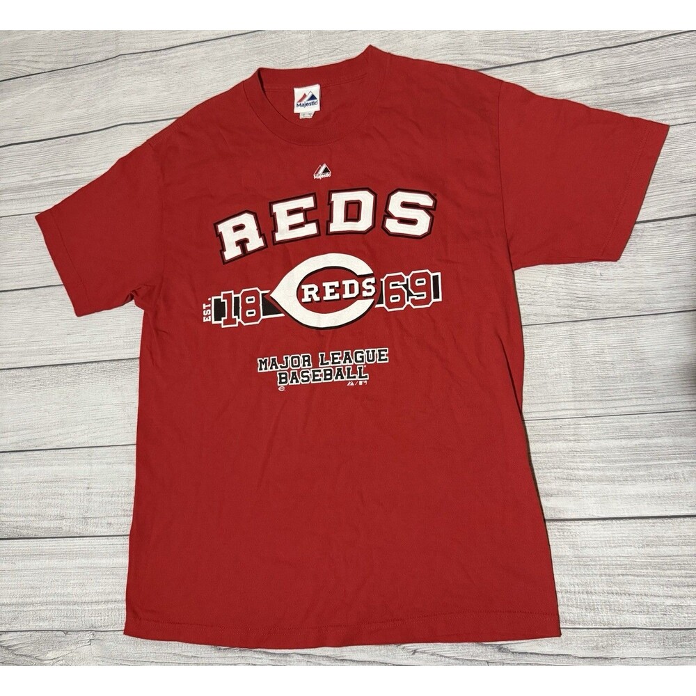 Cincinnati Reds EST 1869 Red Short Sleeve Tee Shirt Majestic Label Size Large